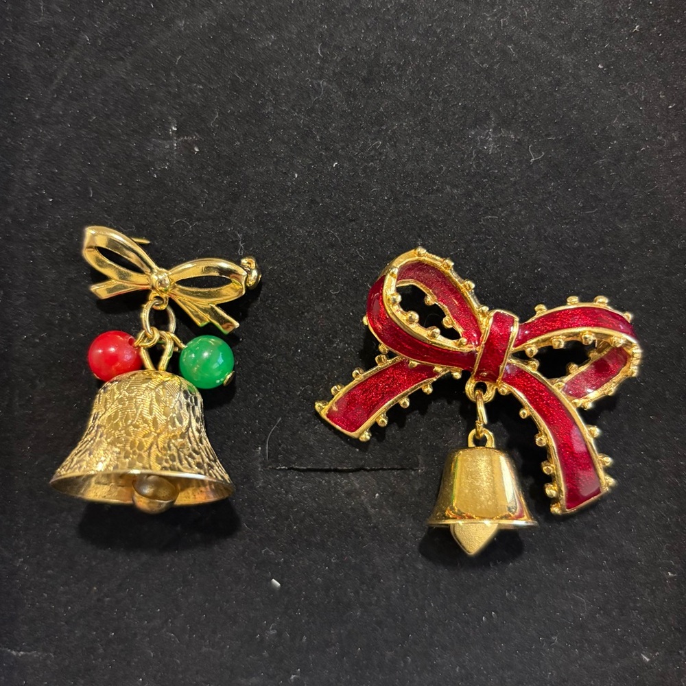 Two Christmas Festive Gold and Red Bow and Bell Brooch’s